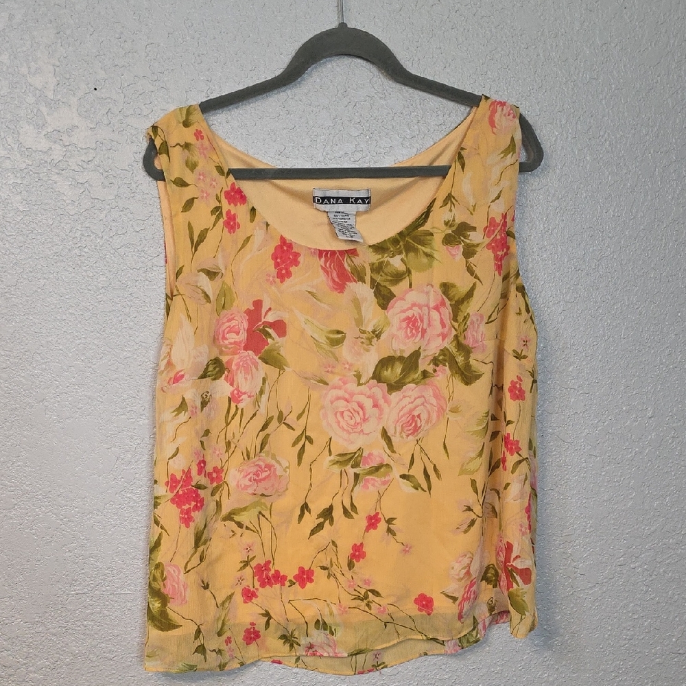 Dana Kay Yellow Floral Blouse with Pink and Green Accents